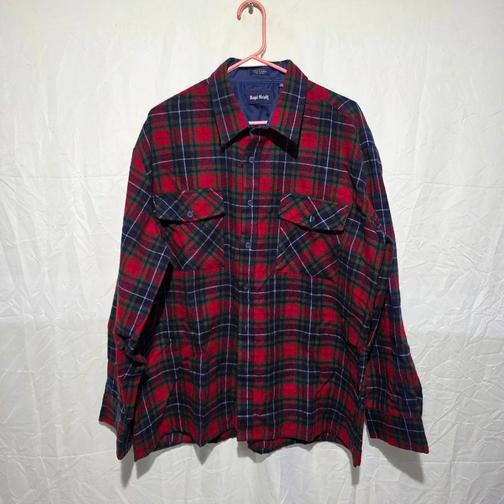 Royal Knight Vintage Plaid Flannel Shirt Mens XL Red Green Blue Acrylic Button